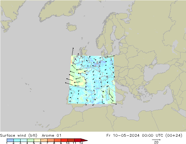 �N 10 米 (bft) Arome 01 星期五 10.05.2024 00 UTC