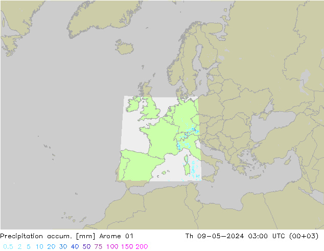 Precipitation accum. Arome 01 星期四 09.05.2024 03 UTC