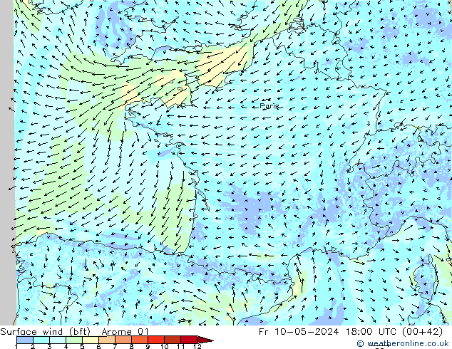 Surface wind (bft) Arome 01 Fr 10.05.2024 18 UTC