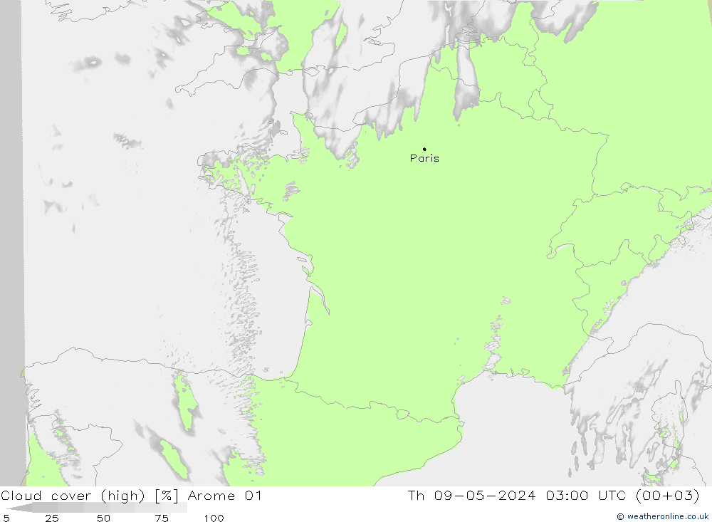 Nuages (élevé) Arome 01 jeu 09.05.2024 03 UTC