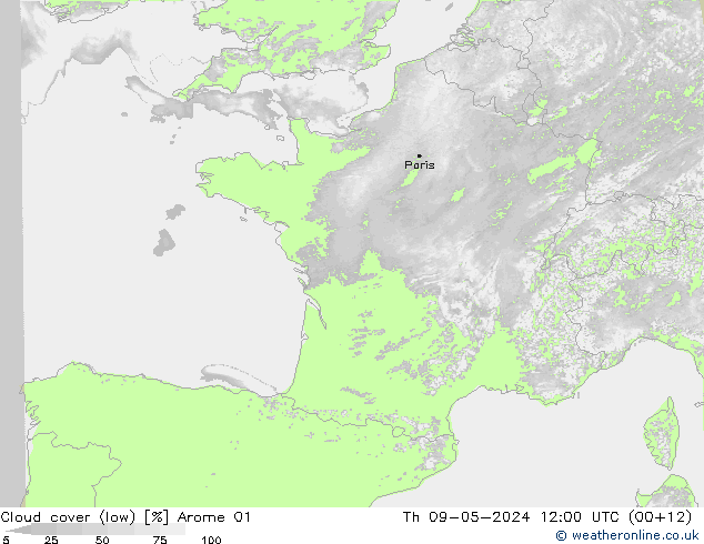 Cloud cover (low) Arome 01 Th 09.05.2024 12 UTC