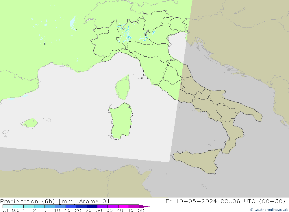 Totale neerslag (6h) Arome 01 vr 10.05.2024 06 UTC