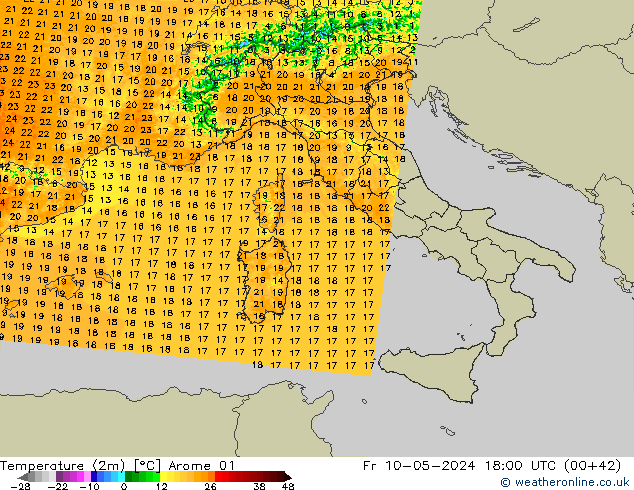 Temperatura (2m) Arome 01 ven 10.05.2024 18 UTC