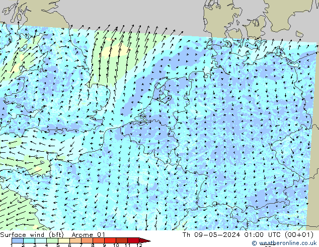 Surface wind (bft) Arome 01 Čt 09.05.2024 01 UTC