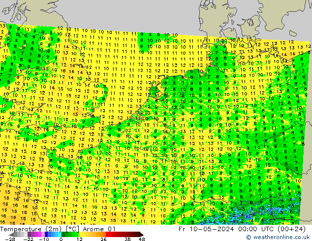 Temperaturkarte (2m) Arome 01 Fr 10.05.2024 00 UTC