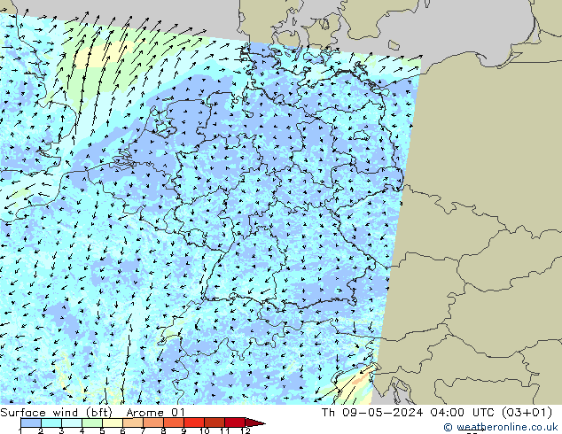 wiatr 10 m (bft) Arome 01 czw. 09.05.2024 04 UTC