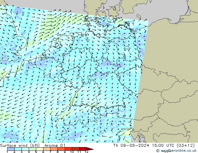 Rüzgar 10 m (bft) Arome 01 Per 09.05.2024 15 UTC