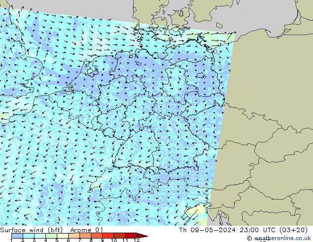 Surface wind (bft) Arome 01 Th 09.05.2024 23 UTC