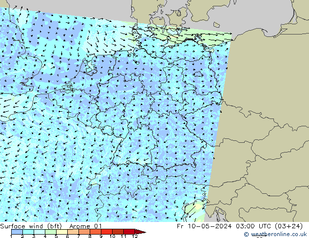 Wind 10 m (bft) Arome 01 vr 10.05.2024 03 UTC