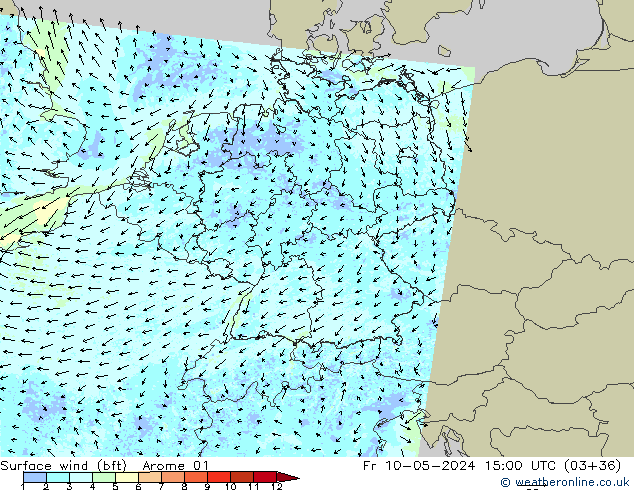 wiatr 10 m (bft) Arome 01 pt. 10.05.2024 15 UTC