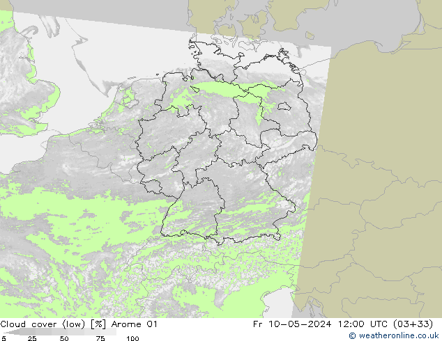 Cloud cover (low) Arome 01 Fr 10.05.2024 12 UTC