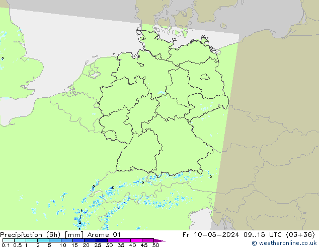 Totale neerslag (6h) Arome 01 vr 10.05.2024 15 UTC