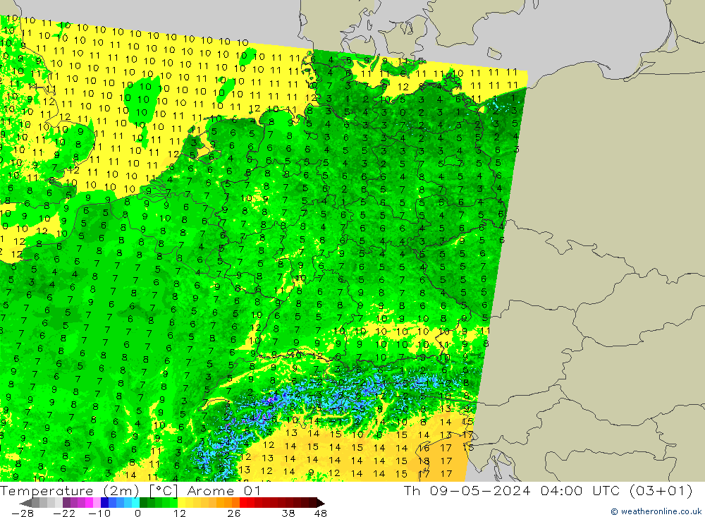 Temperatuurkaart (2m) Arome 01 do 09.05.2024 04 UTC