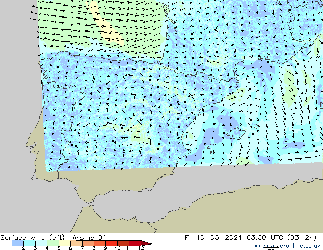 Surface wind (bft) Arome 01 Fr 10.05.2024 03 UTC