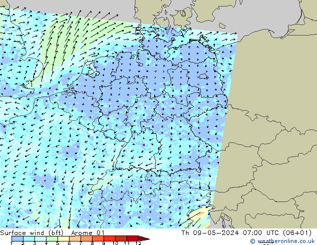 Surface wind (bft) Arome 01 Čt 09.05.2024 07 UTC