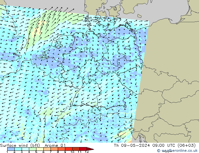 Wind 10 m (bft) Arome 01 do 09.05.2024 09 UTC