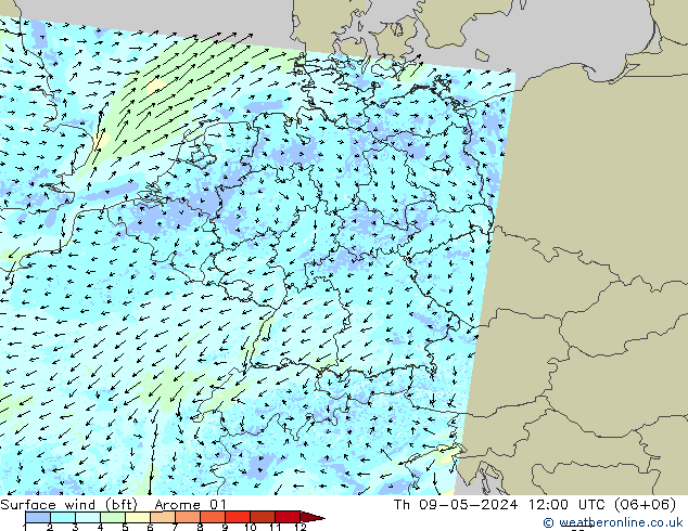Surface wind (bft) Arome 01 Čt 09.05.2024 12 UTC