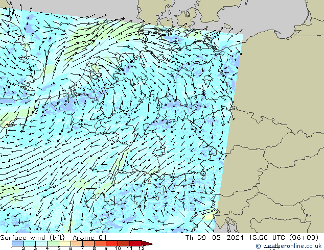 Bodenwind (bft) Arome 01 Do 09.05.2024 15 UTC