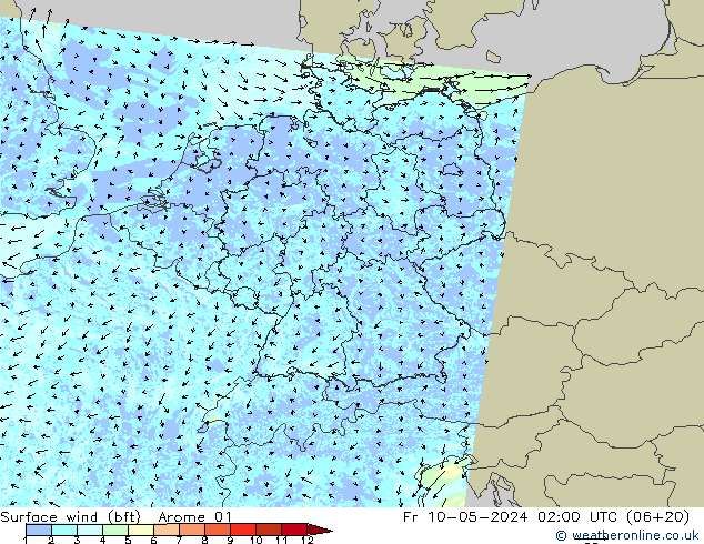 Surface wind (bft) Arome 01 Fr 10.05.2024 02 UTC