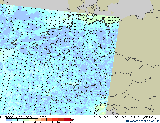 Rüzgar 10 m (bft) Arome 01 Cu 10.05.2024 03 UTC