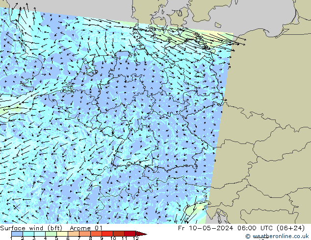 Rüzgar 10 m (bft) Arome 01 Cu 10.05.2024 06 UTC