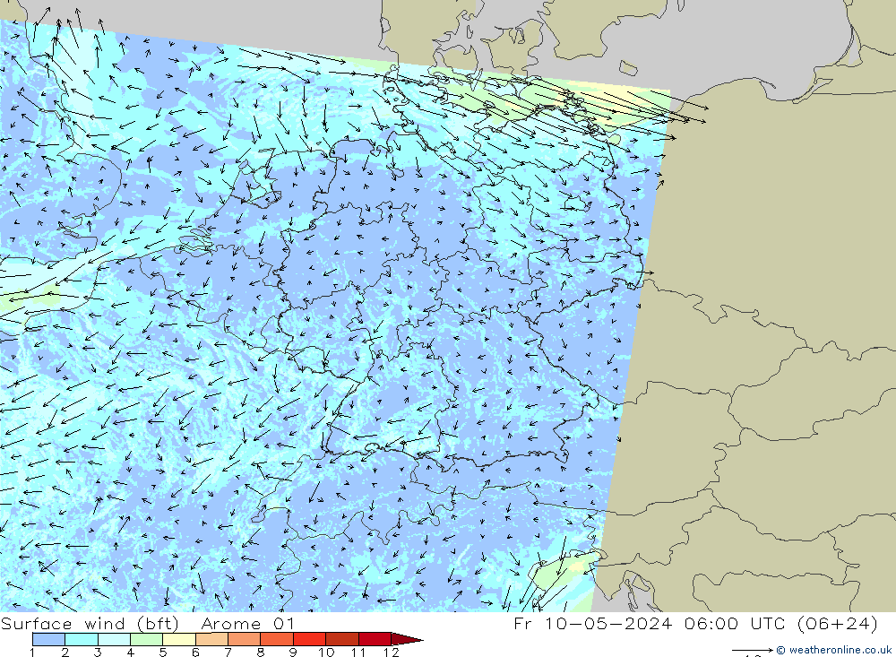 Viento 10 m (bft) Arome 01 vie 10.05.2024 06 UTC