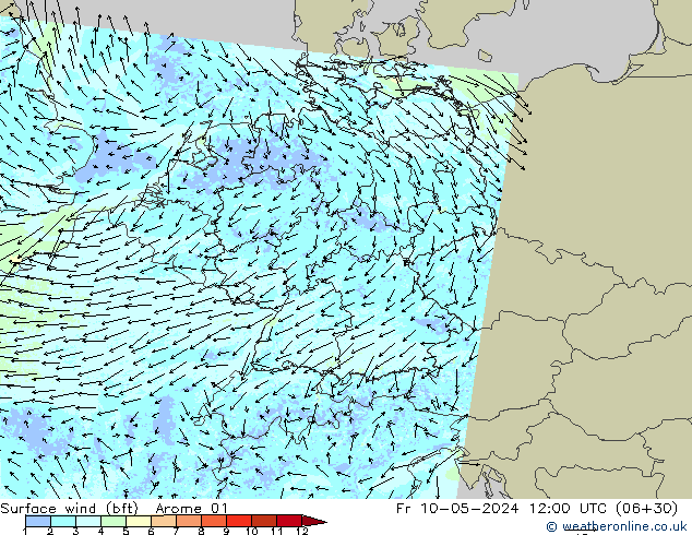 Vent 10 m (bft) Arome 01 ven 10.05.2024 12 UTC