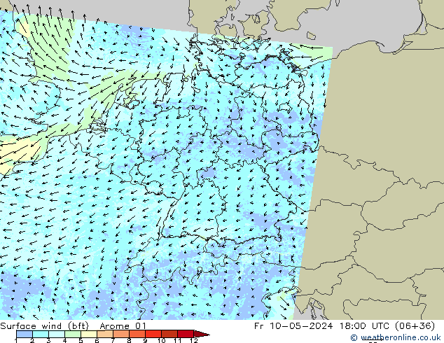 wiatr 10 m (bft) Arome 01 pt. 10.05.2024 18 UTC