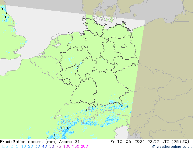 Precipitation accum. Arome 01 Fr 10.05.2024 02 UTC