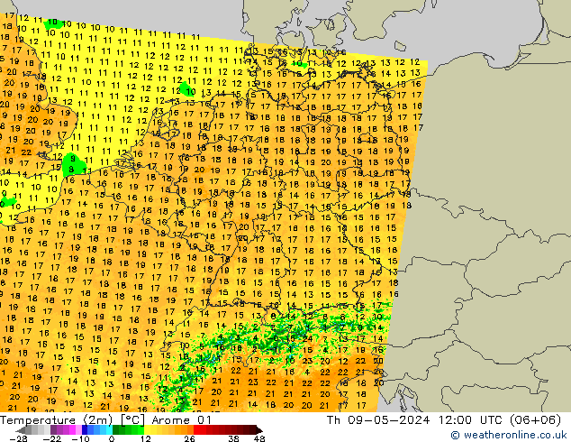 Temperaturkarte (2m) Arome 01 Do 09.05.2024 12 UTC
