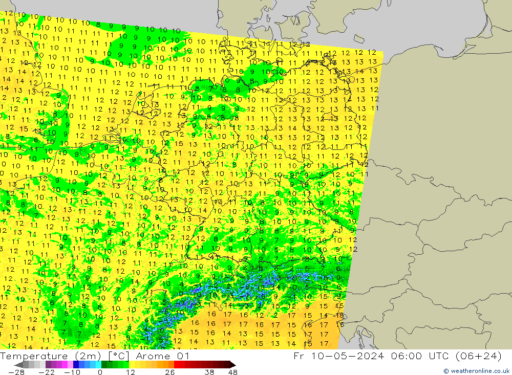 Temperature (2m) Arome 01 Fr 10.05.2024 06 UTC