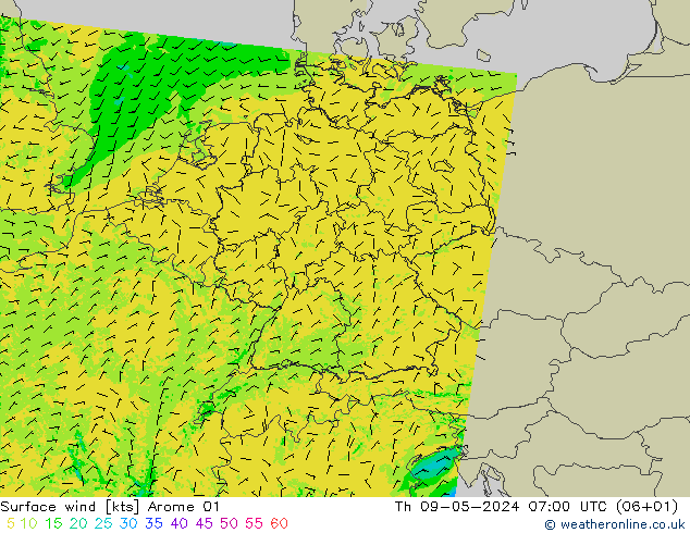 风 10 米 Arome 01 星期四 09.05.2024 07 UTC