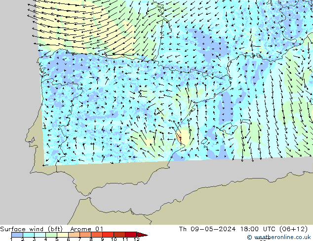 Wind 10 m (bft) Arome 01 do 09.05.2024 18 UTC