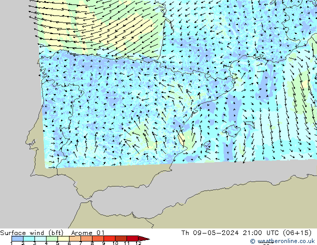Surface wind (bft) Arome 01 Th 09.05.2024 21 UTC