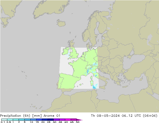 Precipitation (6h) Arome 01 Th 09.05.2024 12 UTC