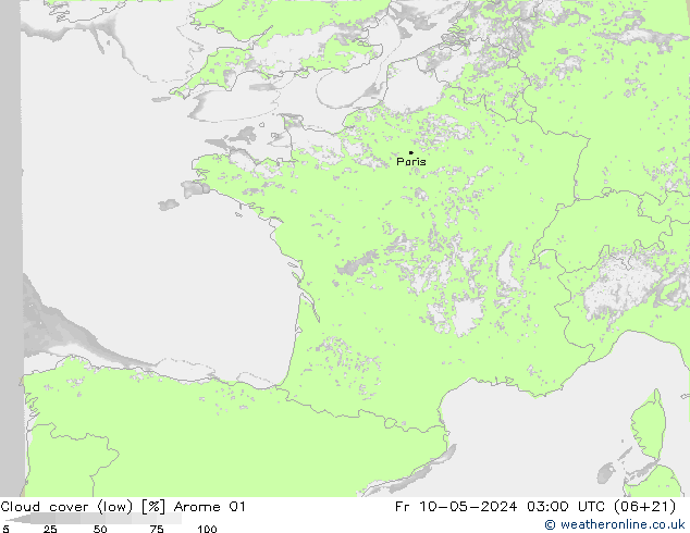Cloud cover (low) Arome 01 Fr 10.05.2024 03 UTC