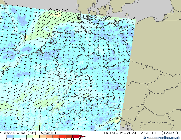 Wind 10 m (bft) Arome 01 do 09.05.2024 13 UTC