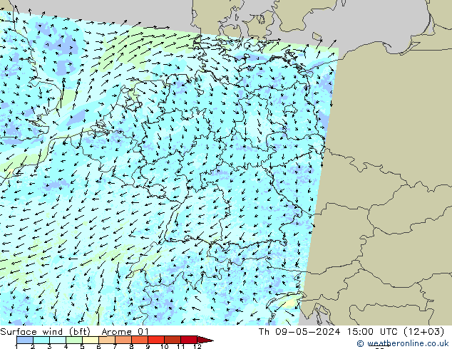 Wind 10 m (bft) Arome 01 do 09.05.2024 15 UTC