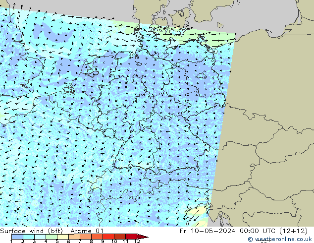 Surface wind (bft) Arome 01 Pá 10.05.2024 00 UTC
