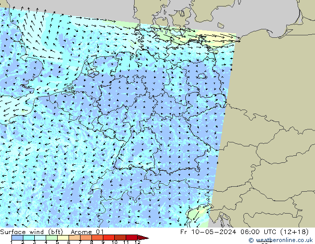 Wind 10 m (bft) Arome 01 vr 10.05.2024 06 UTC