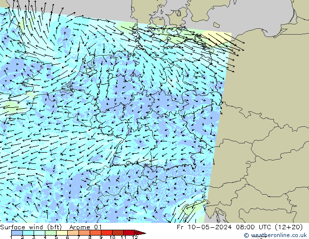 Wind 10 m (bft) Arome 01 vr 10.05.2024 08 UTC