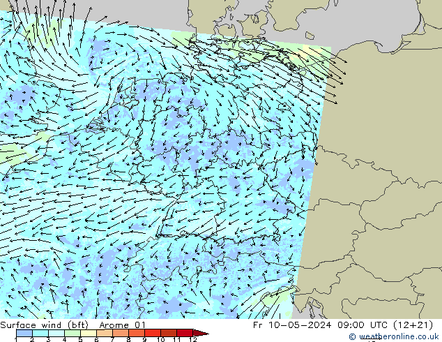  10 m (bft) Arome 01  10.05.2024 09 UTC