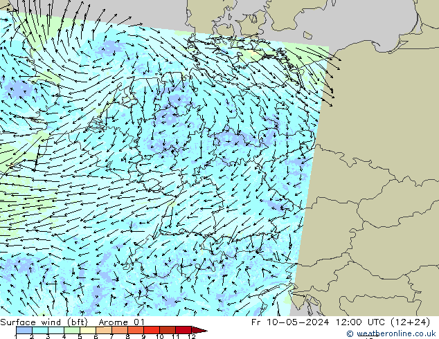 Rüzgar 10 m (bft) Arome 01 Cu 10.05.2024 12 UTC