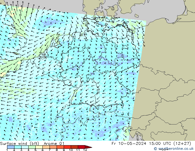 Rüzgar 10 m (bft) Arome 01 Cu 10.05.2024 15 UTC