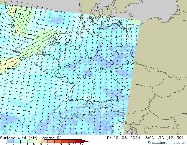 Wind 10 m (bft) Arome 01 vr 10.05.2024 18 UTC