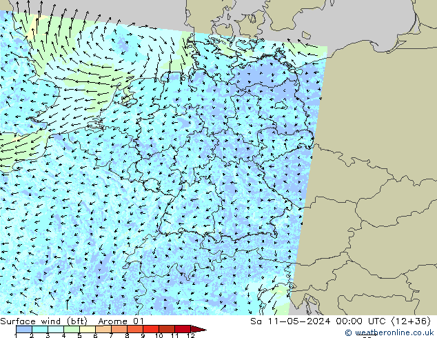 Vento 10 m (bft) Arome 01 sab 11.05.2024 00 UTC