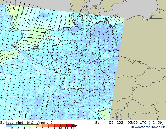 Wind 10 m (bft) Arome 01 za 11.05.2024 03 UTC