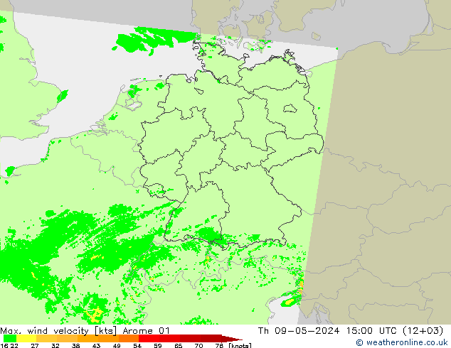 Max. wind velocity Arome 01 星期四 09.05.2024 15 UTC