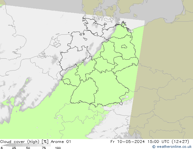 Cloud cover (high) Arome 01 Fr 10.05.2024 15 UTC