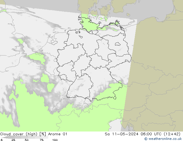 Cloud cover (high) Arome 01 Sa 11.05.2024 06 UTC